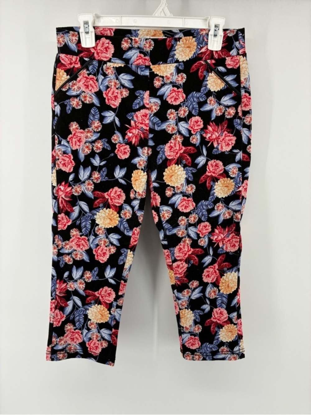 Floral Capri Pants - Black with Pink & Cream Flowers